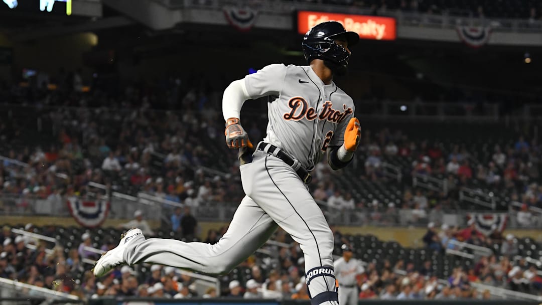Sep 30, 2021; Minneapolis, Minnesota, USA;  Detroit Tigers infielder Niko Goodrum (28) rounds the bases after hitting a solo home run off of Minnesota Twins starting pitcher Joe Ryan (74) during the third inning at Target Field. Mandatory Credit: Nick Wosika-Imagn Images