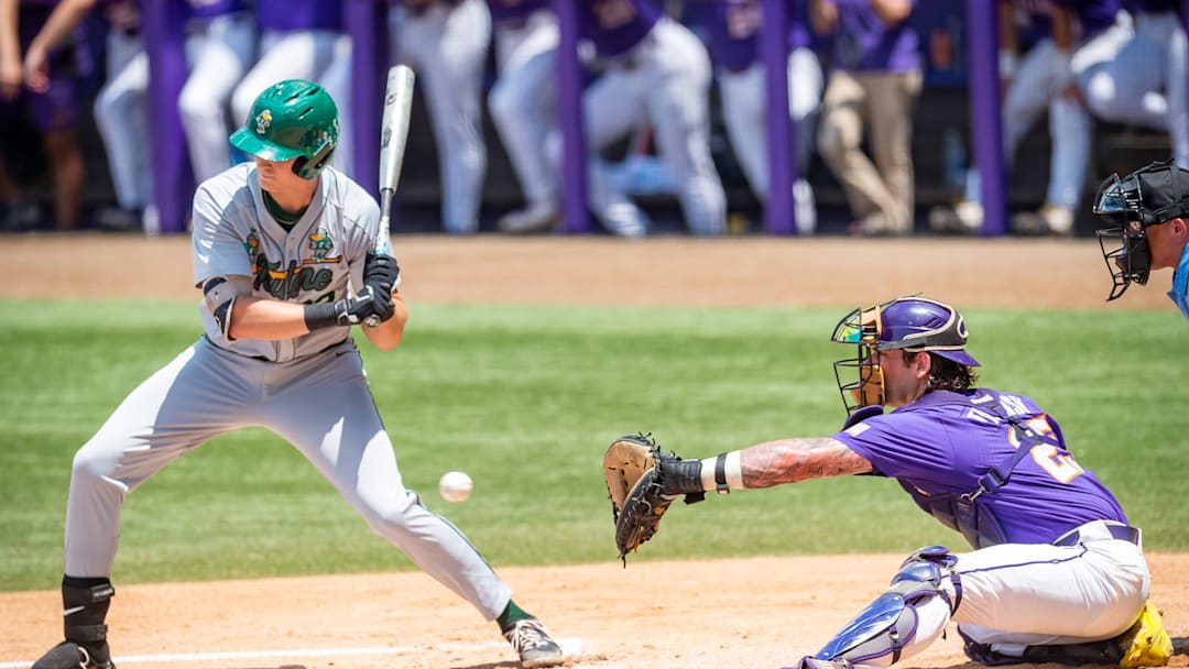 Catcher Hayden Travinski 25 working behind the plate as The LSU Tigers take on Tulane in the first round of the 2023 NCAA Div 1 Baseball Championship at Alex Box Stadium in Baton Rouge, LA. Friday, June 2, 2023.