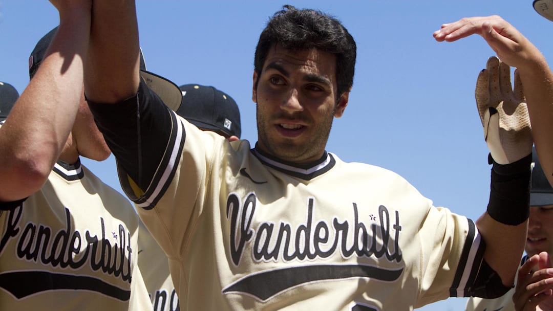 Vanderbilt Commodores player Jason Esposito (22) celebrates with teammates after scoring a run in the 2nd inning against the South Carolina Gamecocks at Carolina Stadium.