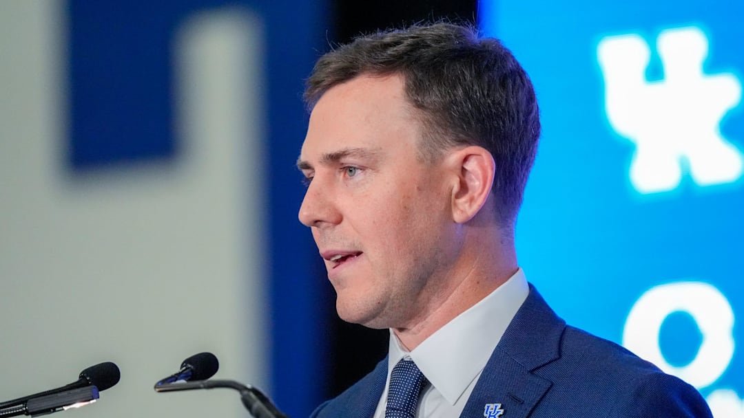 New Kentucky Wildcat head coach Will Stein makes remarks as he is introduced at Kentucky on Wednesday, December 3, 2025
