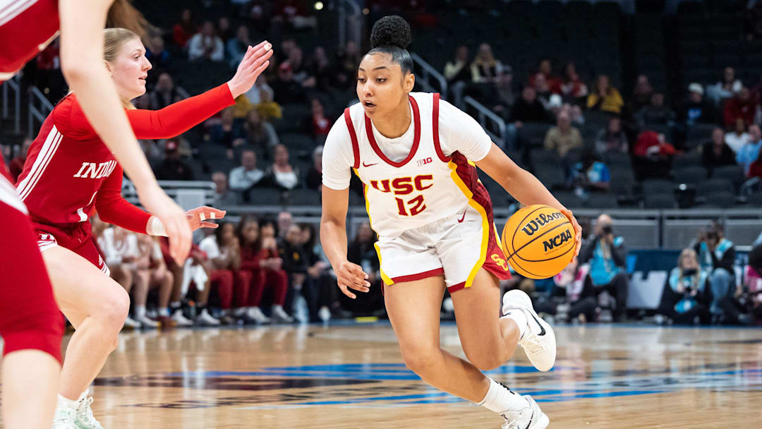 USC Trojans guard JuJu Watkins (12) drives Friday, March 7, 2025, agains the Indiana Hoosiers during the Big Ten women's tournament at Gainbridge Fieldhouse in Indianapolis.
