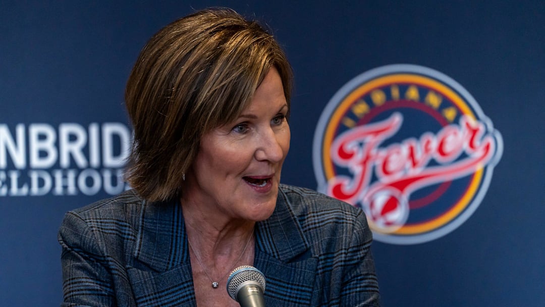 Indiana Fever President of Basketball and Business Operations Kelly Krauskopf welcomes Natasha Howard back to the team Tuesday, Feb. 4, 2025, during a press conference at Gainbridge Fieldhouse in Indianapolis.