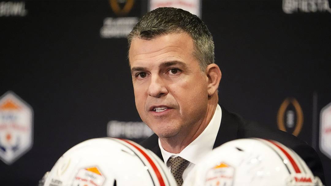 Head coach Mario Cristobal of Miami makes final pregame comments before their matchup with Mississippi at the Fiesta Bowl during a news conference at the JW Marriott Scottsdale Camelback Inn Resort on Jan. 7, 2026.