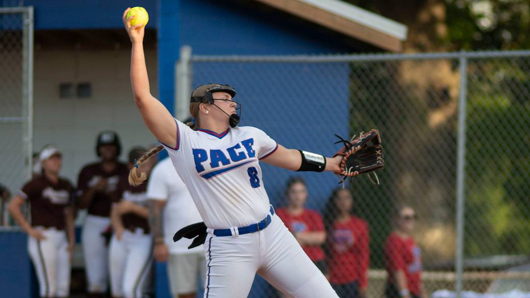 Pace High School's Hannah DeMarcus pitches against Navarre during the Region 1-6A softball Championship on May 15, 2026. The Patriots went on to win the state championship.