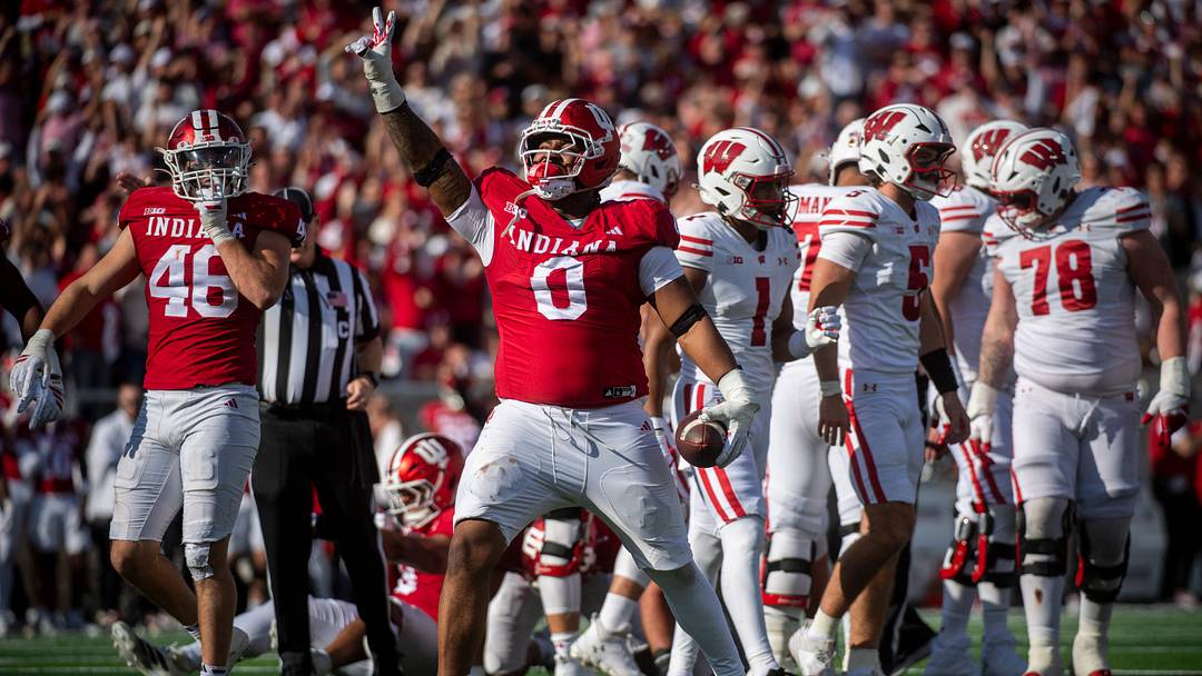 Indiana's Hosea Wheeler (0) celebrates his fumble recovery during the Indiana versus Wiscsonsin football game at Memorial Stadium on Saturday, Nov. 15, 2025. Indiana's Hosea Wheeler (0) celebrates his fumble recovery during the Indiana versus Wiscsonsin football game at Memorial Stadium on Saturday, Nov. 15, 2025.