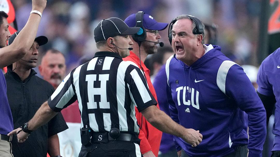 Dec 31, 2022; Glendale, Arizona, USA; TCU Horned Frogs head coach Sonny Dykes yells at a referee in the first half of the 2022 Fiesta Bowl against the Michigan Wolverines at State Farm Stadium. Mandatory Credit: Joe Camporeale-USA TODAY Sports