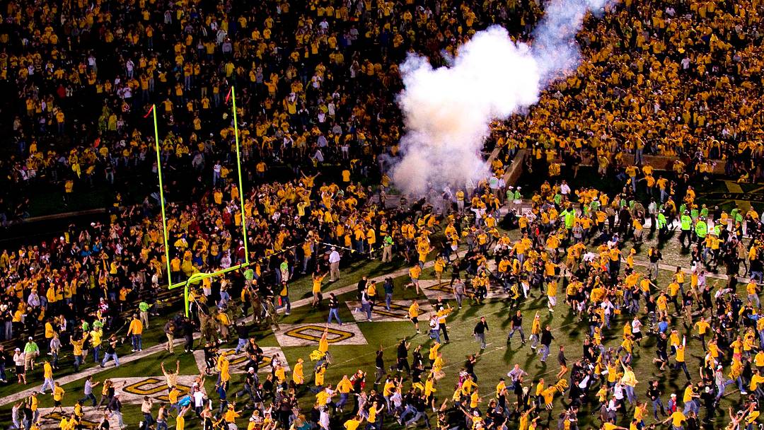 Oct 23, 2010; Columbia, MO, USA; Missouri Tigers players and fans celebrate their win over the Oklahoma Sooners at Faurot Field at Memorial Stadium. The Tigers defeated the Sooners 36-27. Mandatory Credit: Photo by Scott Rovak-USA TODAY Sports Oct 23, 2010; Columbia, MO, USA; Missouri Tigers players and fans celebrate their win over the Oklahoma Sooners at Faurot Field at Memorial Stadium. The Tigers defeated the Sooners 36-27. Mandatory Credit: Photo by Scott Rovak-USA TODAY Sports