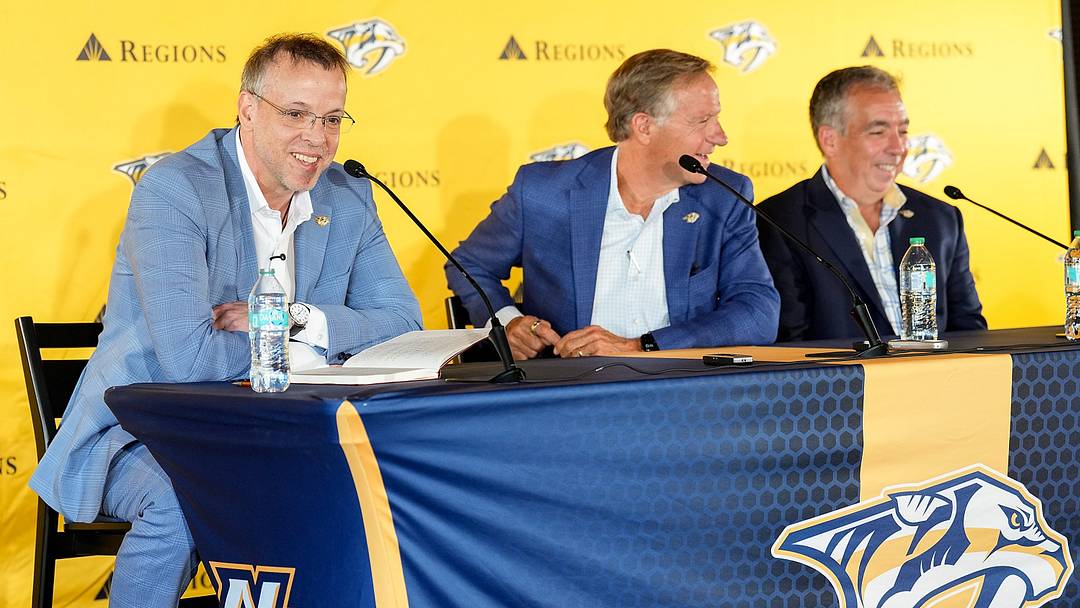 NASHVILLE, TENNESSEE - JUNE 3: Nashville Predators new general manager Chris MacFarland talks to the media during a press conference at Bridgestone Arena on June 3, 2026 in Nashville, Tennessee. (Photo by John Russell/NHLI via Getty Images)
