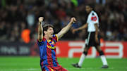 Messi con el Barcelona en Champions League contra el Manchester United