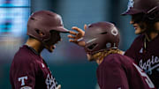 Texas A&M outfielder Braden Montgomery (6) celebrates a home run with his teammates in the first inning of the Longhorns' game against the Texas A&M Aggies at the UFCU Disch-Falk Field in Austin, Tuesday, March 5, 2024.