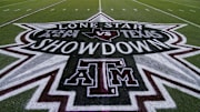 General view of the lone star showdown logo on the field before a game between the Texas A&M Aggies and Texas Longhorns at Kyle Field. 