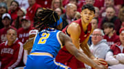 Indiana's Anthony Leal (3) looks to pass around UCLA's Dylan Andrews (2) during the Indiana versus UCLA men's basketball game at Simon Skjodt Assembly Hall on Friday, Feb. 14, 2025.