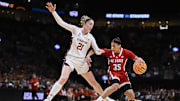 Mar 29, 2024; Portland, OR, USA; NC State Wolfpack guard Zoe Brooks (35) drives to the basket during the first half against Stanford Cardinal forward Brooke Demetre (21) in the semifinals of the Portland Regional of the 2024 NCAA Tournament at the Moda Center at the Moda Center. Mandatory Credit: Troy Wayrynen-Imagn Images
