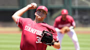 May 25, 2022; Scottsdale, Arizona, USA; Stanford pitcher Ty Uber (36) throws to Arizona State in the first inning during the Pac-12 Baseball Tournament at Scottsdale Stadium.

Ncaa Baseball Stanford At Arizona State