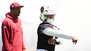Arizona Cardinals quarterback Kyler Murray (1) during organized team practice at the Arizona Cardinals training center in Tempe on May 28, 2025.
