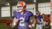 Clemson quarterback Cade Klubnik (2) enters the field outside of the Poe Indoor Facility during Spring Practice in Clemson, S.C. Monday, March 24, 2025.
