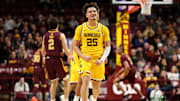 Nov 25, 2024; Minneapolis, Minnesota, USA; Minnesota Golden Gophers guard Lu'Cye Patterson (25) celebrates his three-point basket against the Central Michigan Chippewas during the second half at Williams Arena. Mandatory Credit: Matt Krohn-Imagn Images