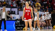 Nebraska Cornhuskers guard Jaz Shelley (1) celebrates after the first half against the Iowa Hawkeyes at Target Center.