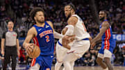 Apr 10, 2025; Detroit, Michigan, USA; New York Knicks guard Jalen Brunson (11) defends against Detroit Pistons guard Cade Cunningham (2) during the second half at Little Caesars Arena. Mandatory Credit: David Reginek-Imagn Images