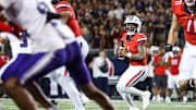 Sep 6, 2025; Tucson, Arizona, USA; Arizona Wildcats quarterback Noah Fifita (1) looks to pass the ball during the second quarter of the game against the Weber State Wildcats at Arizona Stadium. Mandatory Credit: Aryanna Frank-Imagn Images