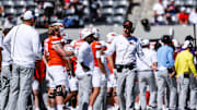 Oct 4, 2025; Tucson, Arizona, USA; Oklahoma State Cowboys interim head coach Doug Meacham walks on the sideline against the Arizona Wildcats during the second quarter at Arizona Stadium. Mandatory Credit: Aryanna Frank-Imagn Images