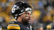 Nov 2, 2023; Pittsburgh, Pennsylvania, USA; Pittsburgh Steelers defensive end Cam Heyward watches the game against the Tennessee Titans during the second quarter at Acrisure Stadium. Mandatory Credit: Philip G. Pavely-USA TODAY Sports