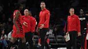 Nov 8, 2025; Miami, Florida, USA: Acting head coach Tiago Splitter, center, of the Portland Trail Blazers calls a timeout in the first quarter against the Miami Heat at Kaseya Center. Mandatory Credit: Jim Rassol-Imagn Images