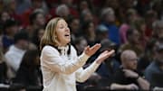 Apr 1, 2024; Portland, OR, USA; USC Trojans head coach Lindsay Gottlieb questions a referee during the first half against the UConn Huskies in the finals of the Portland Regional of the NCAA Tournament at the Moda Center. Mandatory Credit: Troy Wayrynen-Imagn Images