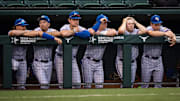 The Kansas Jayhawks watch the game from the dugout as they play the second inning against the Texas Longhorns, Thursday, May 16, 2024 at UFCU Disch-Falk Field in Austin.