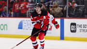 Dec 23, 2024; Newark, New Jersey, USA; New Jersey Devils center Jack Hughes (86) celebrates his goal against the New York Rangers during the second period at Prudential Center. Mandatory Credit: Ed Mulholland-Imagn Images