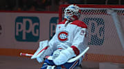 Dec 11, 2025; Pittsburgh, Pennsylvania, USA;  Montreal Canadiens goalie Jacob Fowler before his debut against the Pittsburgh Penguins at PPG Paints Arena. Mandatory Credit: Philip G. Pavely-Imagn Images