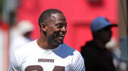 Browns running back Nick Chubb is all smiles on the sideline during minicamp, Tuesday, June 11, 2024, in Berea.