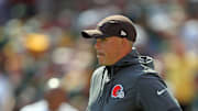 Cleveland Browns special teams coordinator Bubba Ventrone watches the team warmup before an NFL football game at Huntington Bank Field, Sept. 21, 2025, in Cleveland, Ohio.