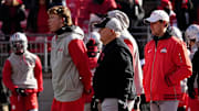 Ohio State Buckeyes offensive coordinator Chip Kelly watches warm ups prior to the NCAA football game against the Michigan Wolverines at Ohio Stadium in Columbus on Saturday, Nov. 30, 2024.