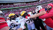 Michigan Wolverines and Ohio State Buckeyes fight following the NCAA football game at Ohio Stadium in Columbus on Saturday, Nov. 30, 2024. Michigan won 13-10.