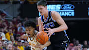 Iowa State Cyclones guard Curtis Jones (5) steals the ball from BYU Cougars's guard Egor Demin (3) during the first Over-time in the Big-12 men’s basketball in the Senior Day at Hilton Coliseum on March 4, 2025, in Ames, Iowa.
