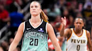 New York Liberty guard Sabrina Ionescu (20) walks back on defense Saturday, May 24, 2025, during a game between the Indiana Fever and the New York Liberty at Gainbridge Fieldhouse in Indianapolis. The New York Liberty defeated the Indiana Fever, 90-88.
