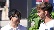 AlphaTauri drivers Yuki Tsunoda and Pierre Gasly react to scoring the same amount of points on ESPN's longest drive challenge during preparation day for F1 at Circuit of the Americas on Thursday, Oct. 20, 2022.

Formula One Mlc 00179