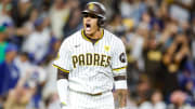 San Diego Padres third baseman Manny Machado celebrates after hitting his second solo home run against the Los Angeles Dodgers on Tuesday at Petco Park.