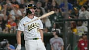 West Sacramento, California, USA; Athletics first baseman Nick Kurtz (16) tosses his bat after hitting a walk-off home run against the Houston Astros during the ninth inning at Sutter Health Park.