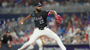 Sep 6, 2025; Miami, Florida, USA;  Miami Marlins pitcher Sandy Alcantara (22) pitches in the first inning against the Philadelphia Phillies at loanDepot Park. Mandatory Credit: Jim Rassol-Imagn Images