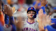 Sep 27, 2025; Miami, Florida, USA; New York Mets first baseman Pete Alonso (20) celebrates his solo home run against the Miami Marlins in the third inning at loanDepot Park. Mandatory Credit: Jim Rassol-Imagn Images