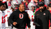 Nov 4, 2023; Piscataway, New Jersey, USA; Ohio State Buckeyes safeties coach Perry Eliano yells from the sideline during the NCAA football game against the Rutgers Scarlet Knights at SHI Stadium. Ohio State won 35-16.