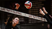 Dripping Springs' Henley Anderson (22) sends a kill attempt over the net while playing in an away game against Lake Travis in Lakeway, Sept. 24, 2024.