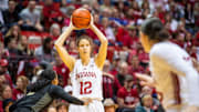 Indiana's Yarden Garzon (12) looks for Lilly Meister (52) during the Indiana versus Purdue women's basketball game at Simon Skjodt Assembly Hall on Saturday, Feb. 15, 2025.