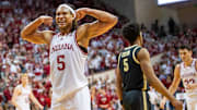 Indiana's Malik Reneau (5) celebrates during the Indiana versus Purdue mens basketball game at Simon Skjodt Assembly Hall on Sunday, Feb. 23, 2025.