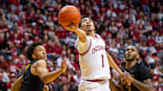 Indiana's Myles Rice (1) shoots past USC's Chibuzo Agbo (7) during the Indiana versus University of Southern California men's basketball game at Simon Skjodt Assembly Hall on Wednesday, Jan. 8, 2025.