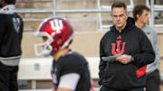 Indiana Head Coach Curt Cignetti watches as the Hoosiers get ready before the start of the Indiana football spring game at Memorial Stadium on Thursday, April 17, 2025.