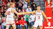 Indiana's Anthony Leal (3) celebrates with Luke Goode (10) after Goode's three-pointer during the Indiana versus Penn St. mens basketball game at Simon Skjodt Assembly Hall on Wednesday, Feb. 26, 2025.