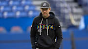Indianapolis Colts head coach Shane Steichen walks the field Sunday, Oct. 12, 2025, ahead of the game against the Arizona Cardinals at Lucas Oil Stadium in Indianapolis.